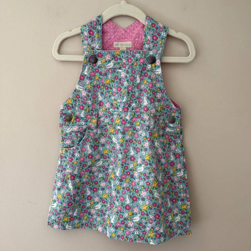 JoJo Maman Bebe Girls Floral Bunny Duck Corduroy Pinafore Dress 12-18M Teal
